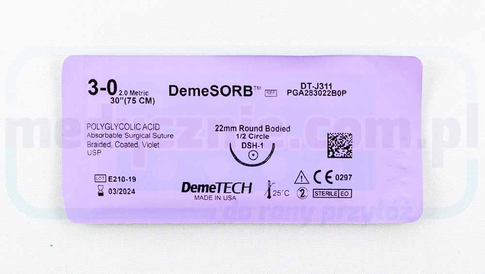 DEMECRYL Sutură chirurgicală (absorbabilă) 3/0 75cm violet cu ac rotunjit 1/2 22mm DEMETECH 1 buc